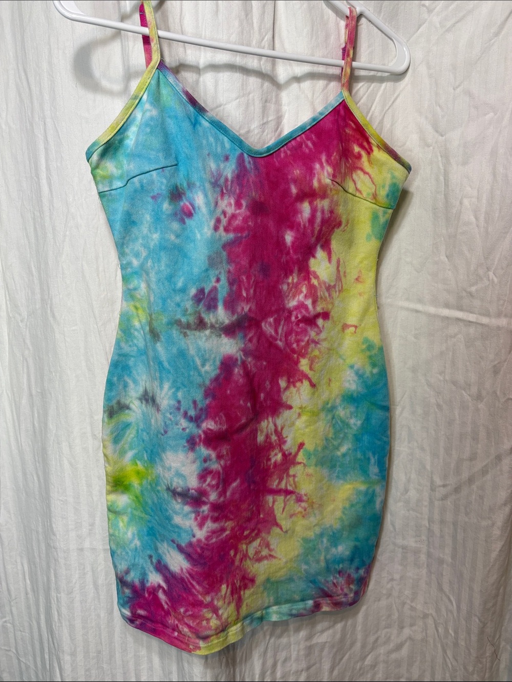 Aria Tie-Dye V-Neck Spaghetti Strap Mini Dress in Pink, Blue & Yellow